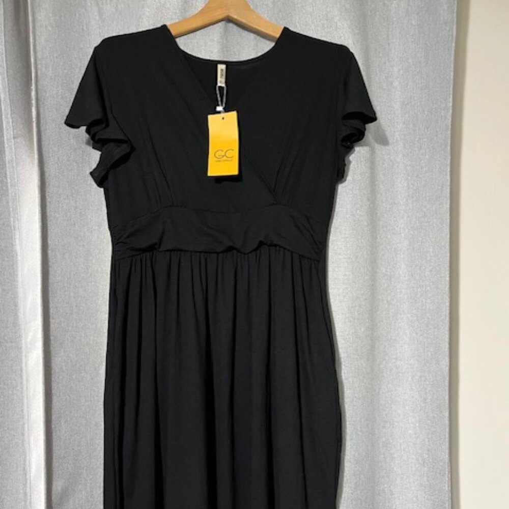 Black midi dress with faux wrap top, NEW